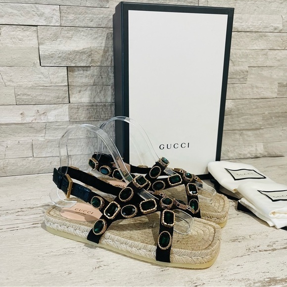 Gucci NEW SZ 36.5 Grosgrain Green Jewel Embellished Espadrille Flat Sandals - Picture 3 of 16